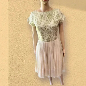 Vintage 50s Elinor Gay gold lamé chiffon wedding party prom dress-L